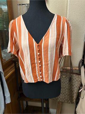 Forever 21 Rust & Cream Striped Button-Front Crop Top